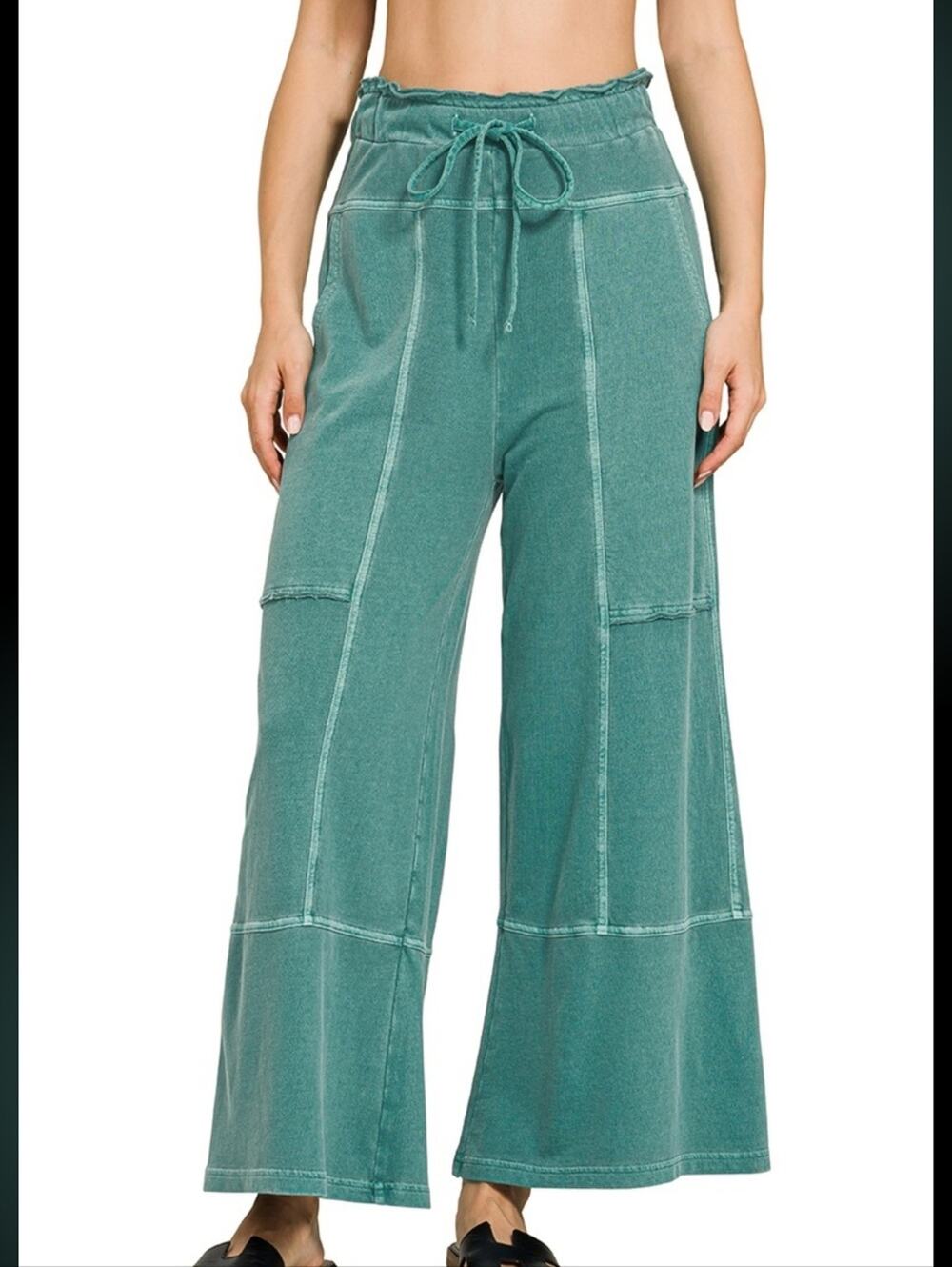 171 | French Terry Washed Exposed Seam Wide Leg Pant - Teal